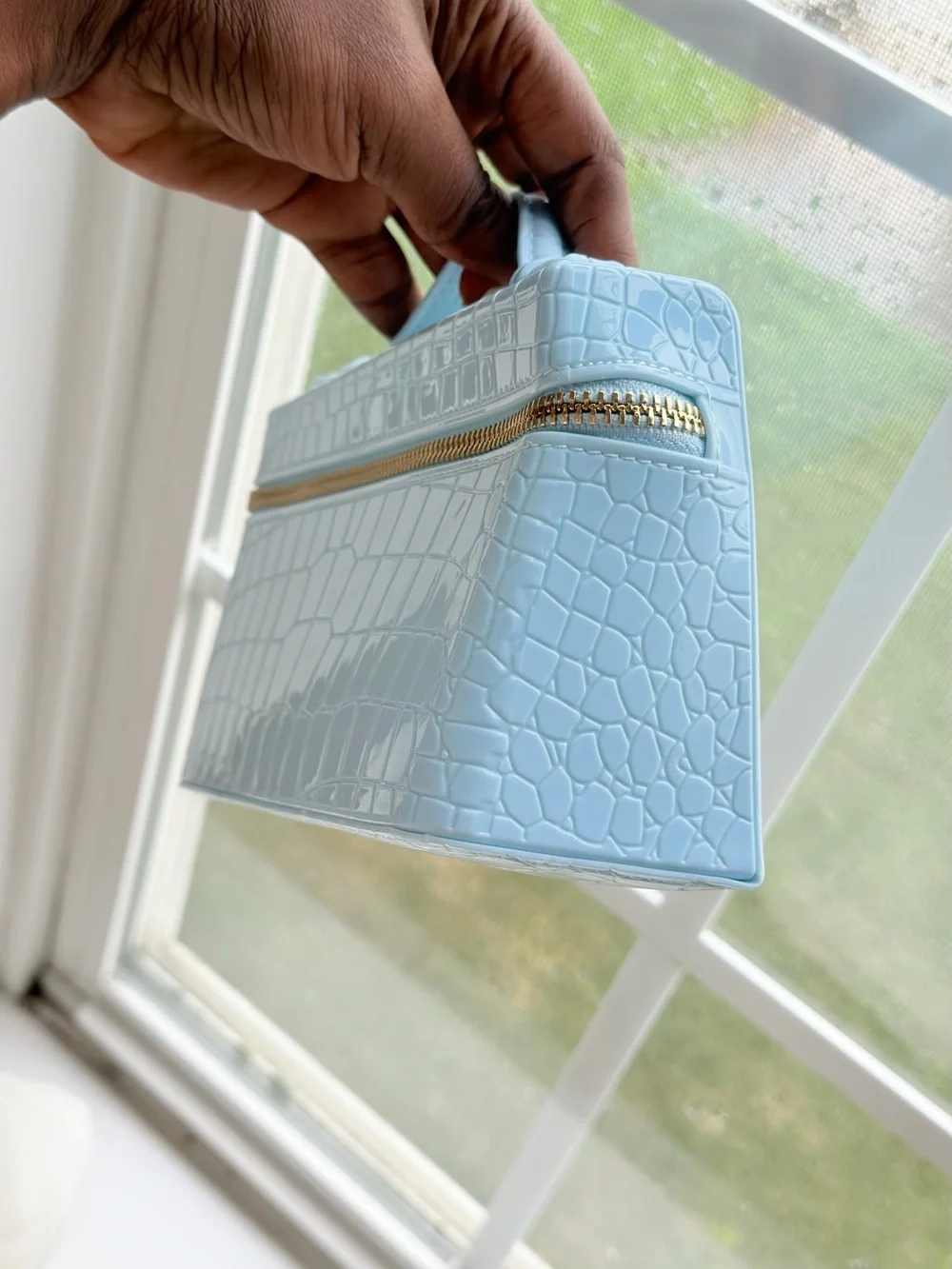 Light Blue Croc-Embossed Top-Handle Women’s Bag